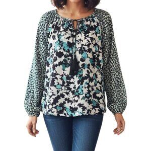 Jones New York Floral Print Tassel Peasant Blouse Black Teal White Size Large